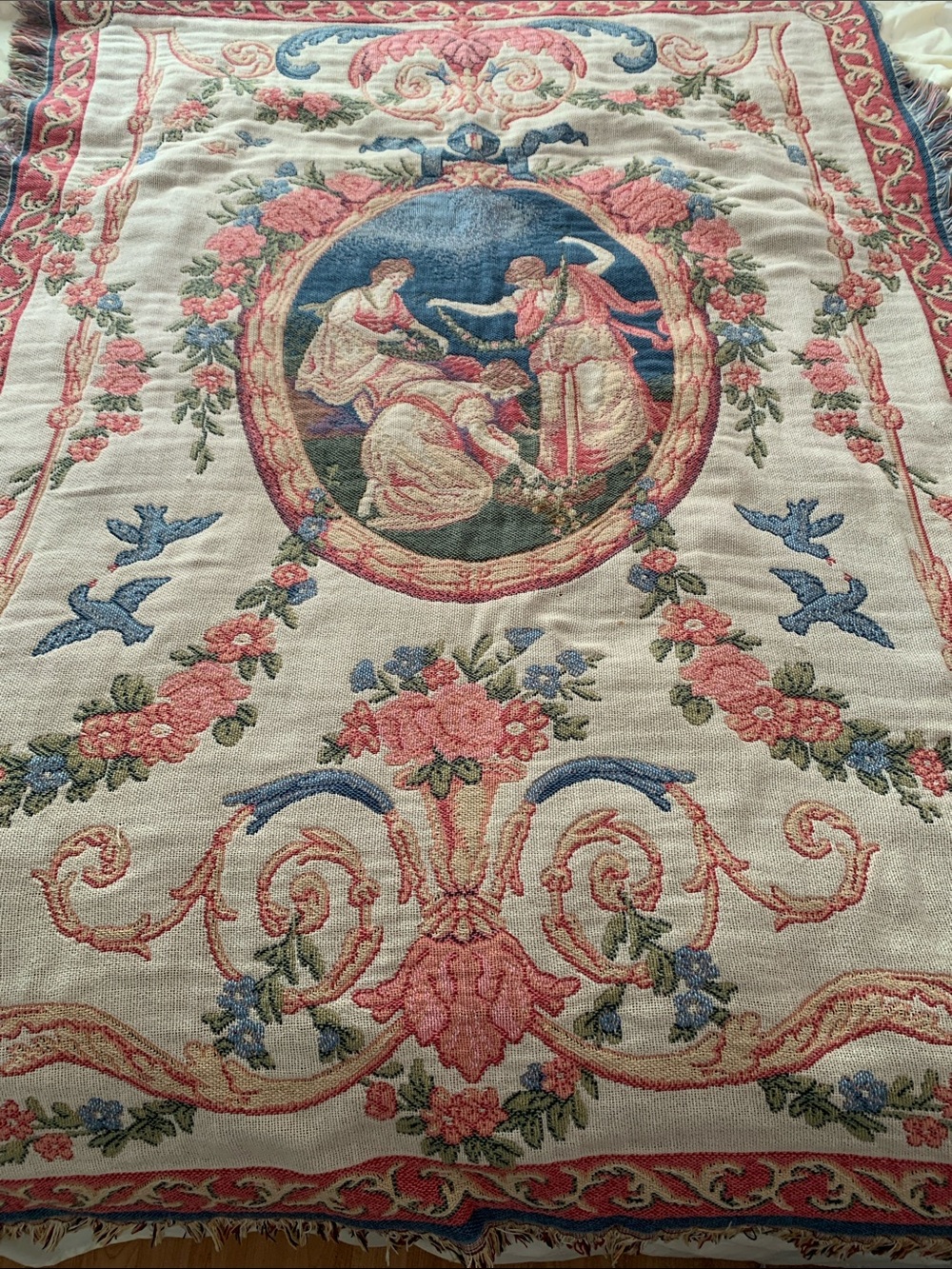 Goodwin Weavers Vintage Tapestry Throw with Neoclassical Scene in Pink & Blue